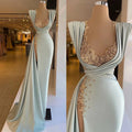 Sexy Mermaid Long Prom Dresses Beads Lace Appliques Evening Gowns Sweep Train