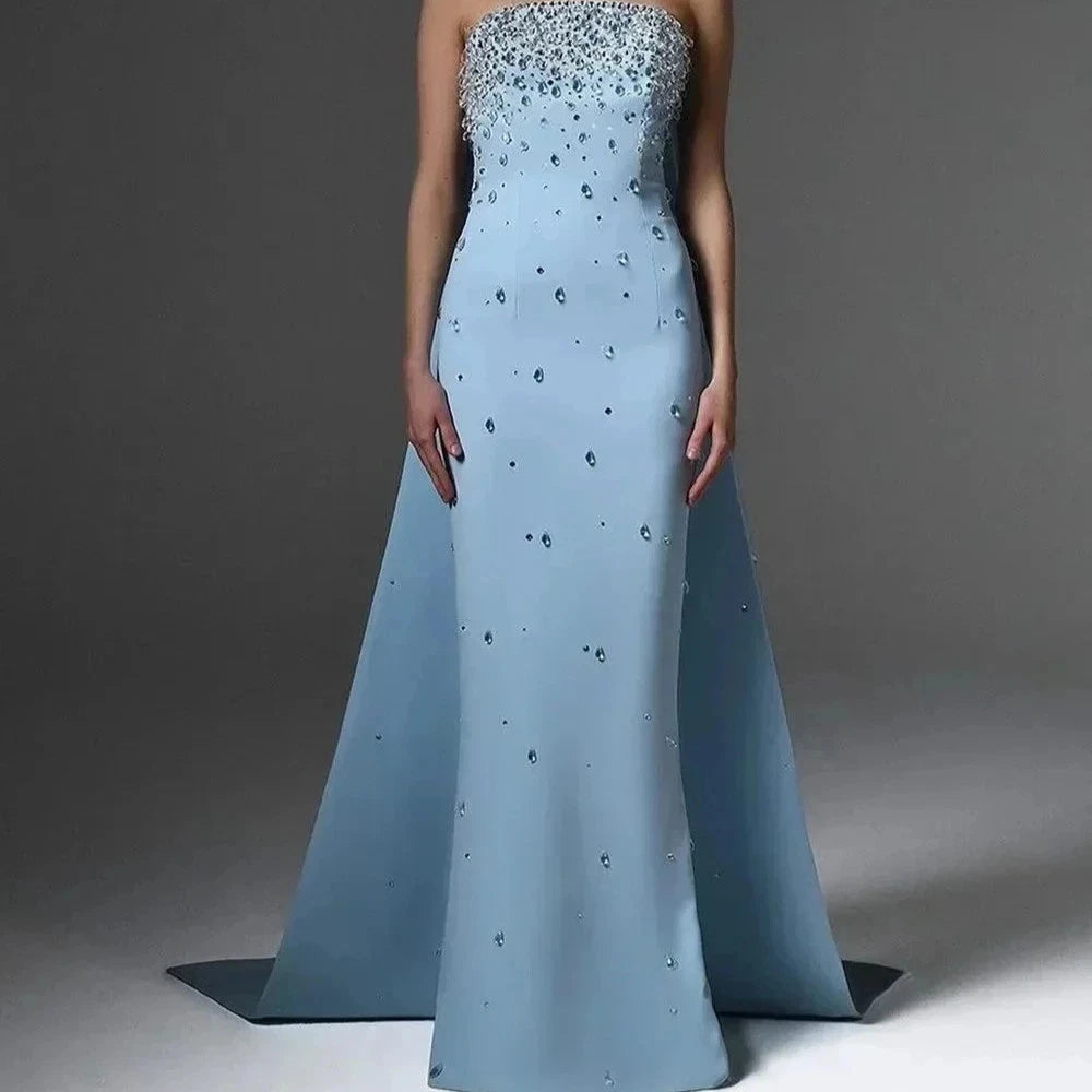 Elegant Classic Evening Dress Floor-Length Watteau Sleeveless Prom Dress Crystal