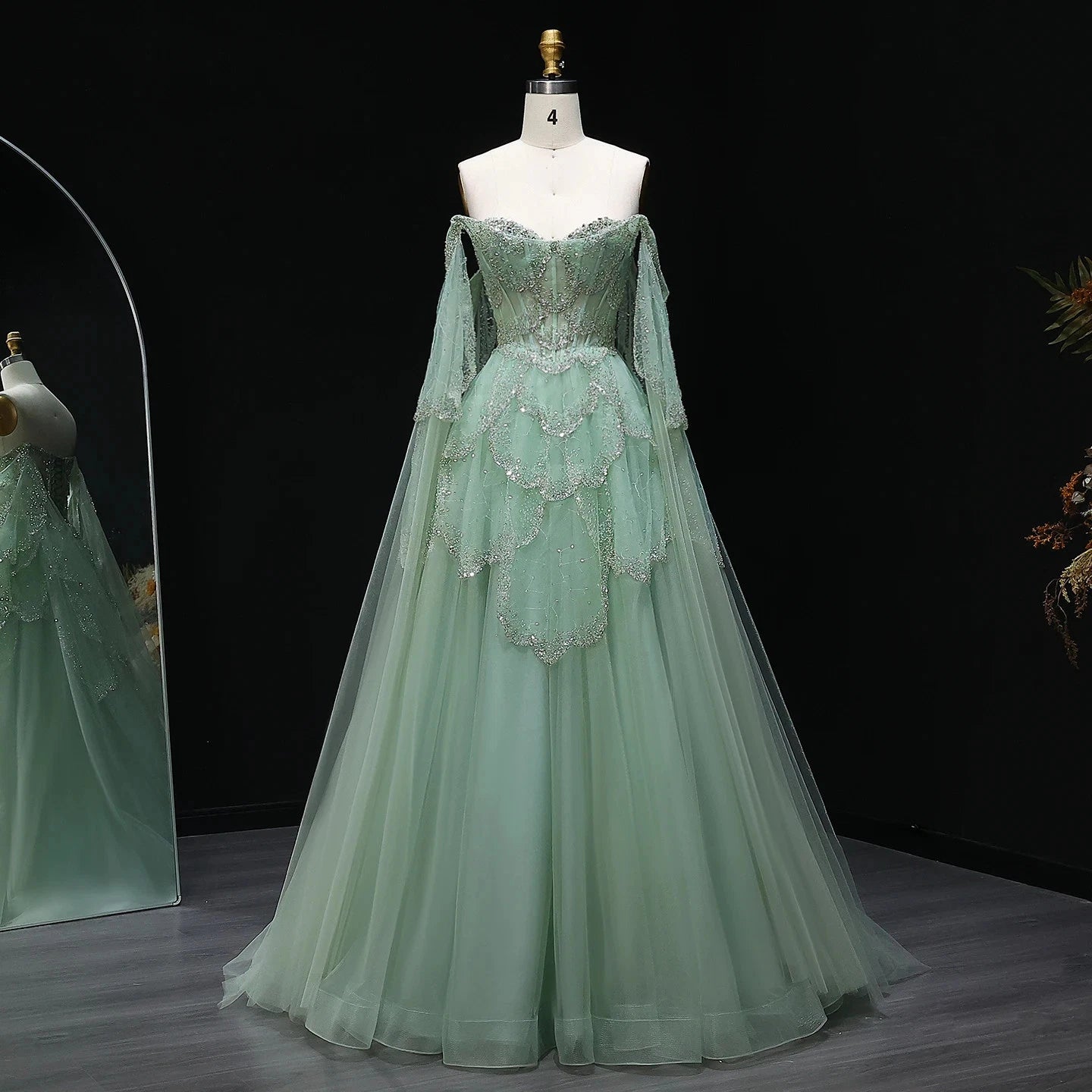 Elegant Off Shoulder Sage Green Evening Dress Cape Sleeves Sweet Luxury Party